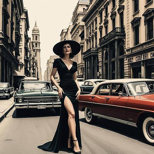 Vintage Style Woman in Black Gown on Classic City Street with Retro Cars
