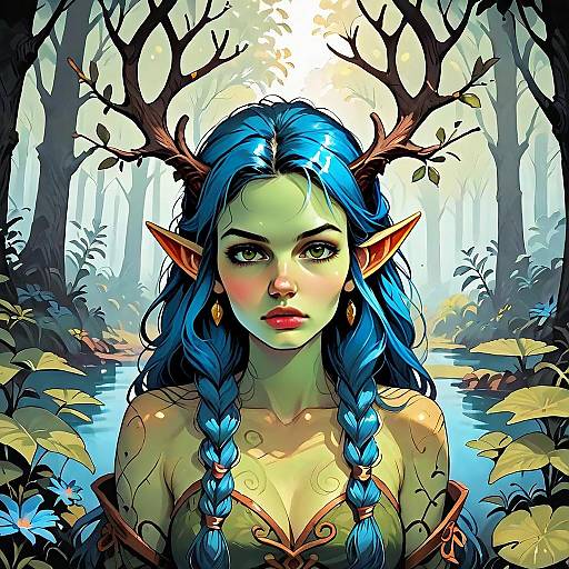 Fantasy Elf Woman with Blue Hair and Antler Branches in Enchanted Forest