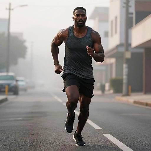 Muscular Man Running on City Street Early Morning Workout