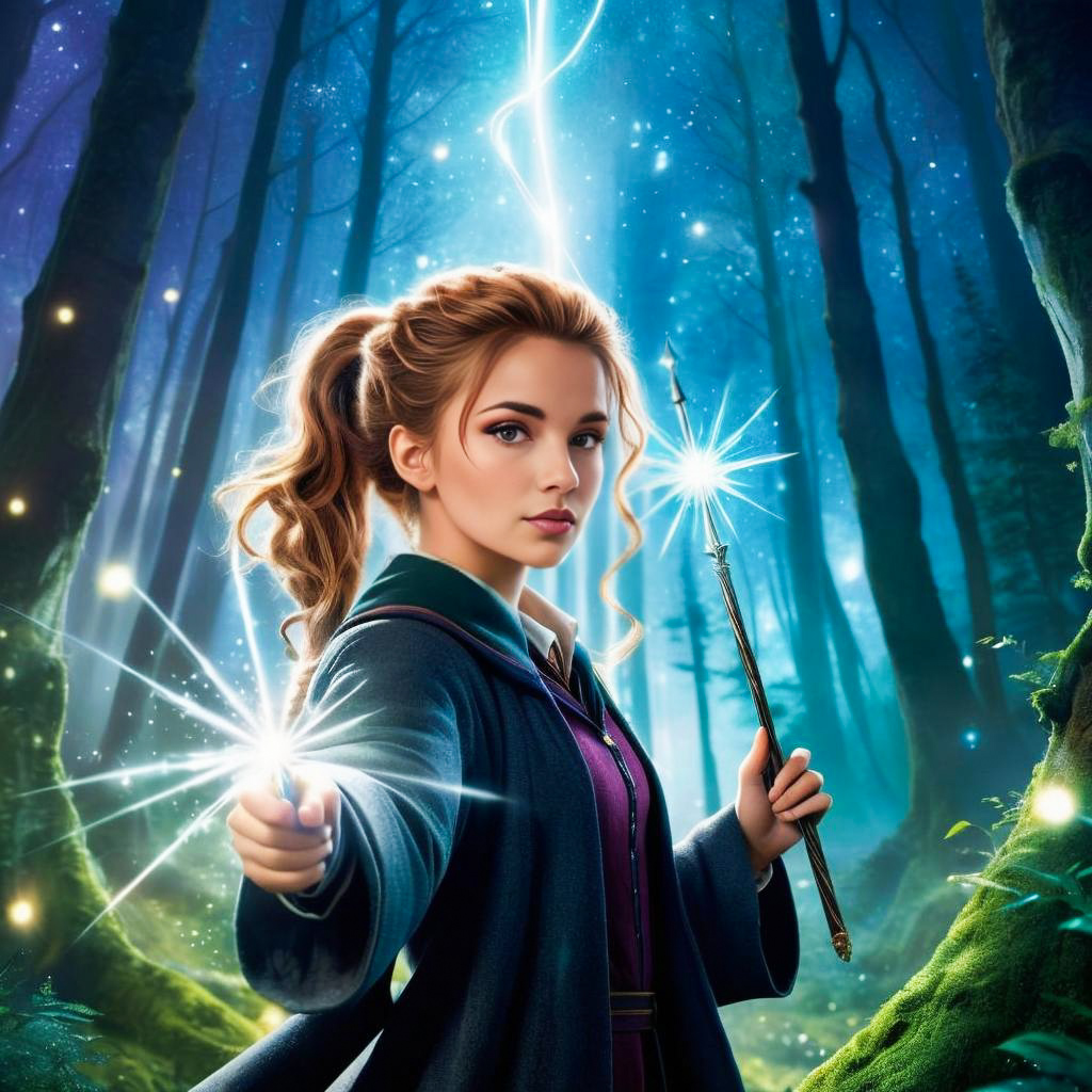 Young Woman with Magical Wand in Mystical Forest