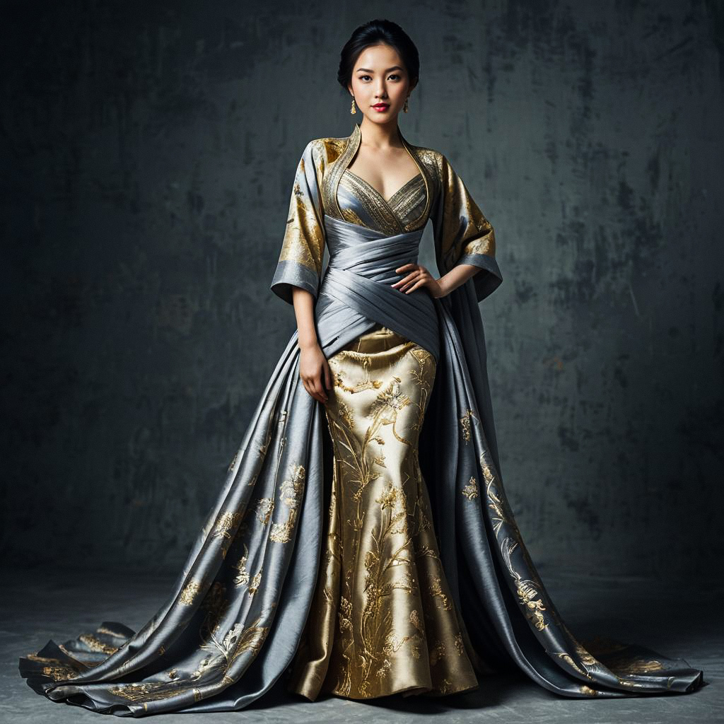 Elegant Woman in Gold and Silver Gown with Cape