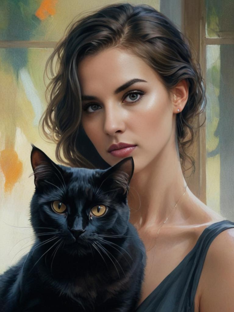 Serene Woman with Black Cat