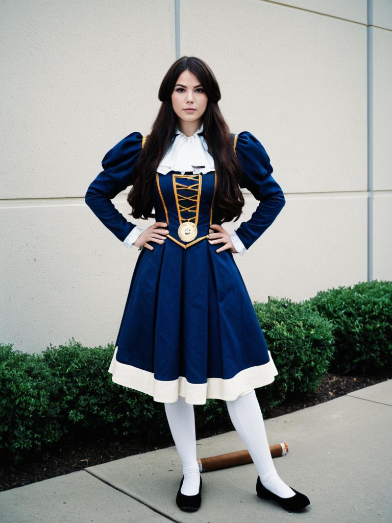 Woman in Regal Navy Blue Historical Costume with Gold Detailing