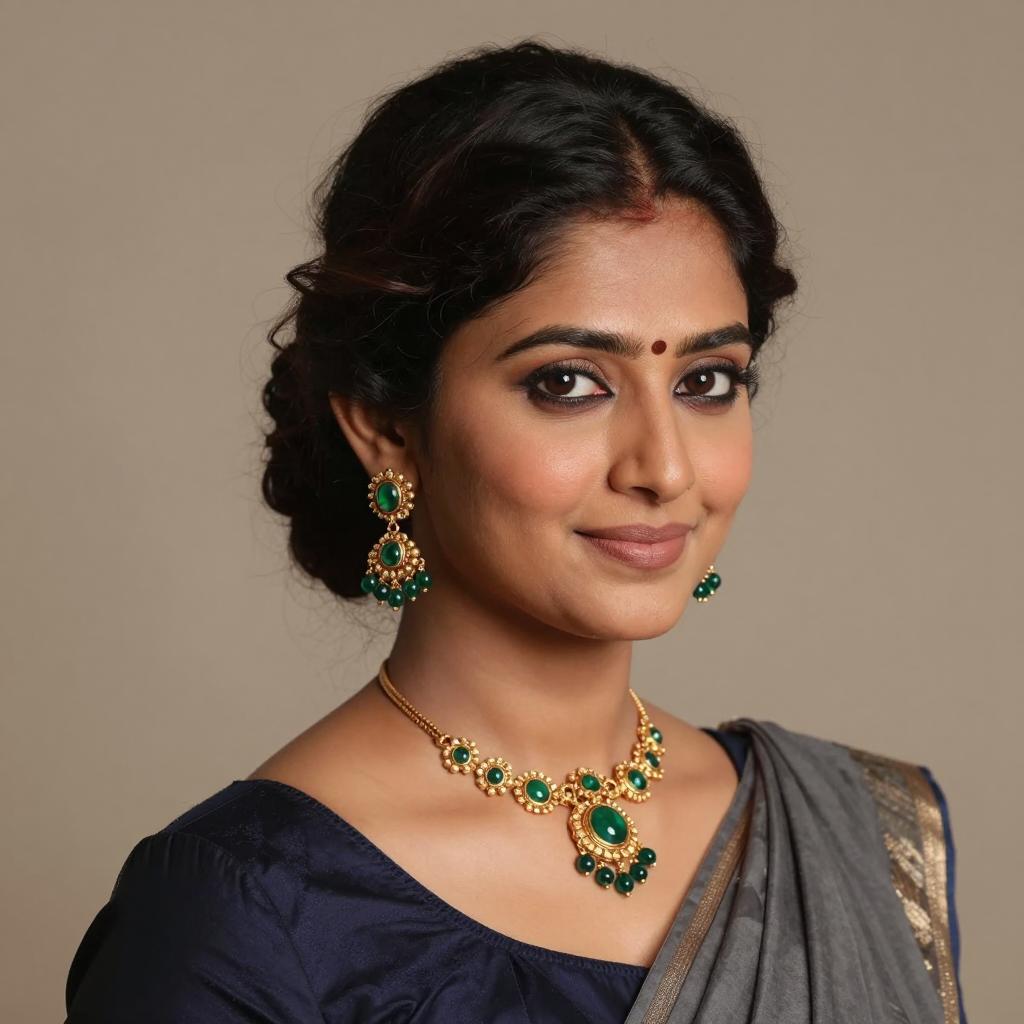 Elegant South Asian Woman in Traditional Saree and Green Gemstone Jewelry