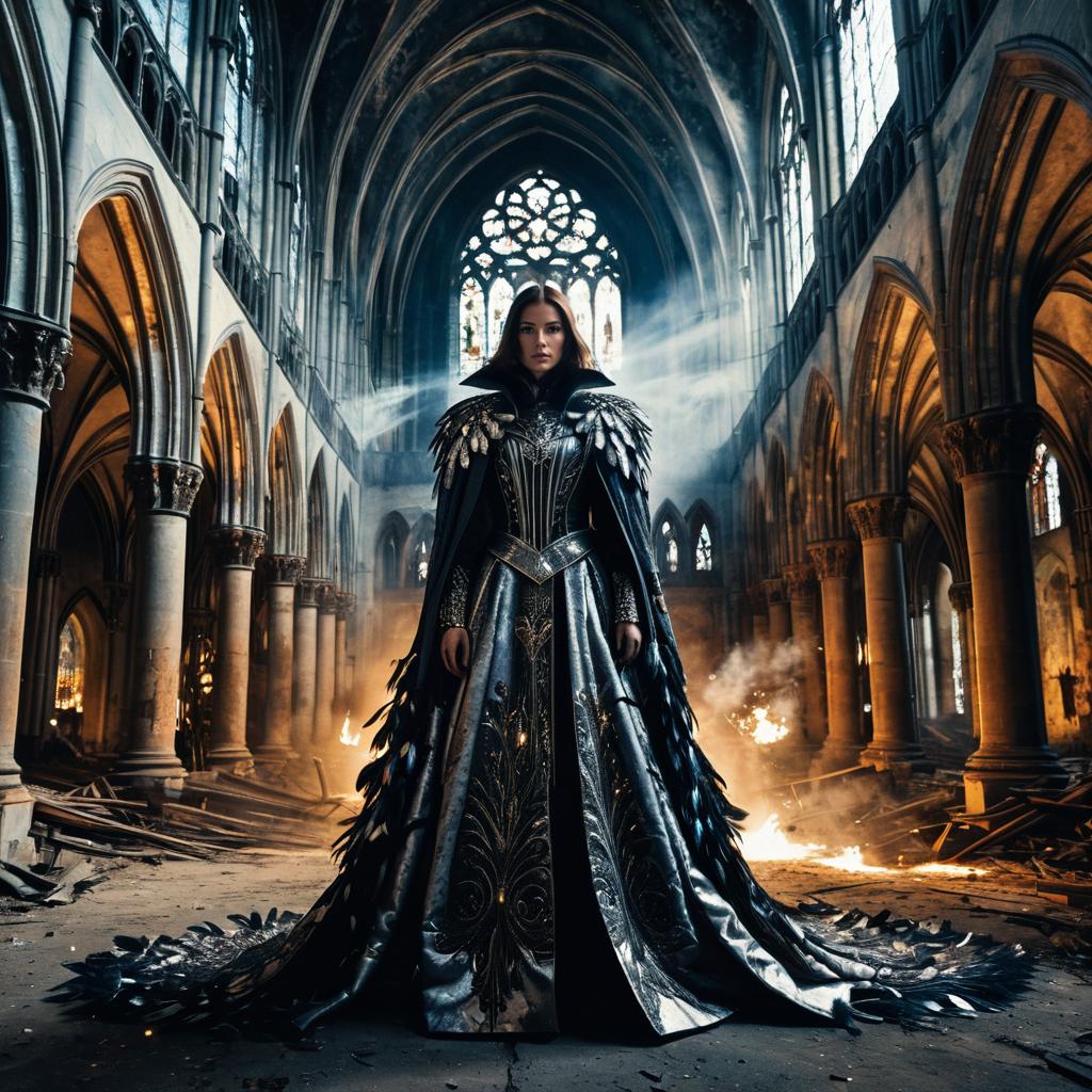 Epic Woman in Dark Fantasy Gown Inside Gothic Cathedral