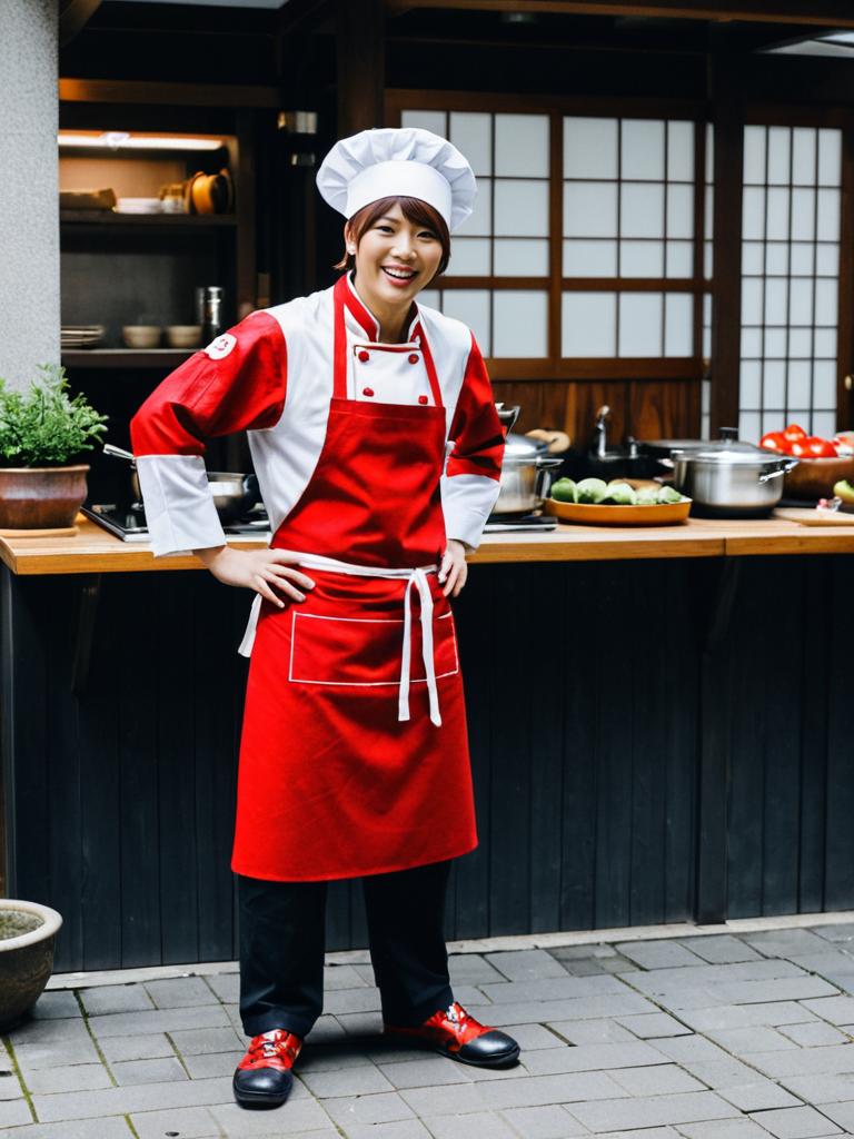 Smiling Female Chef in Red Uniform in Traditional Japanese Kitchen