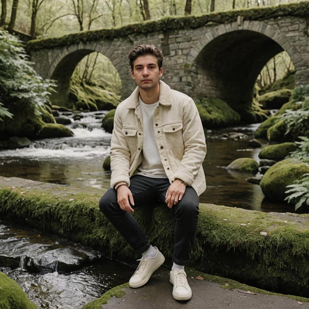 Man on Mossy Rock by Stream with Ancient Bridge