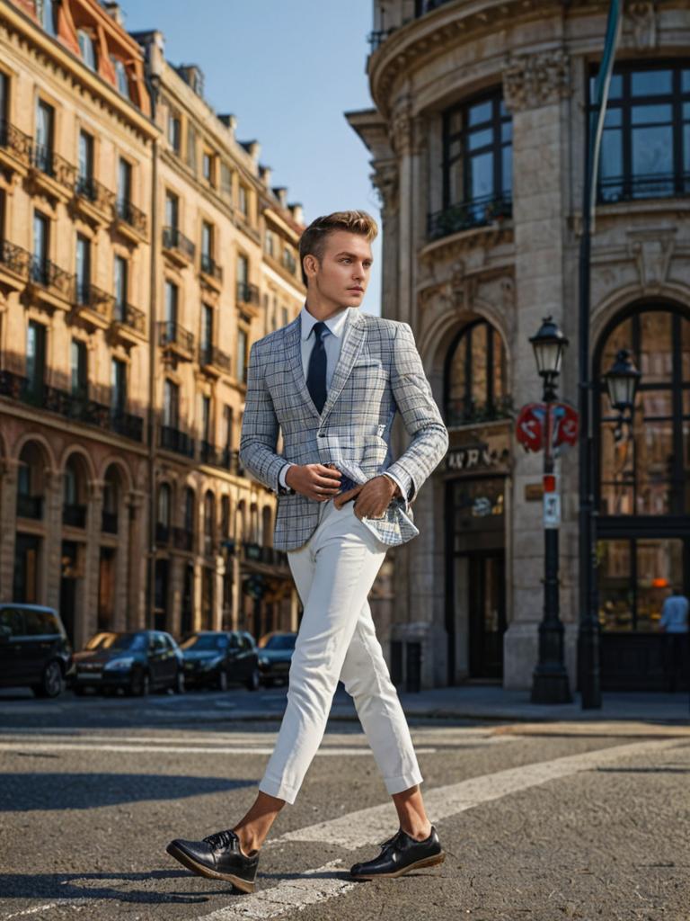 Stylish man in checkered blazer and white pants on sunny city street