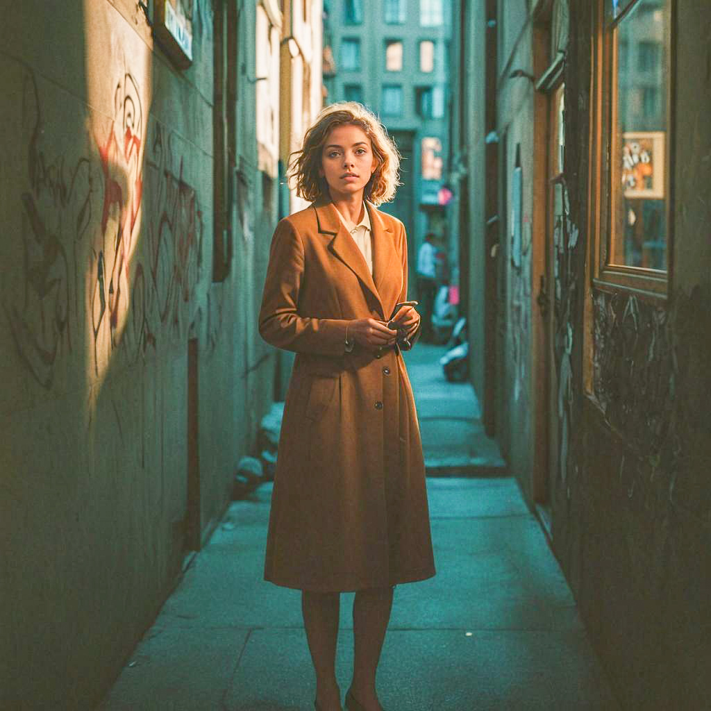 Poised Woman in Brown Coat at Alleyway