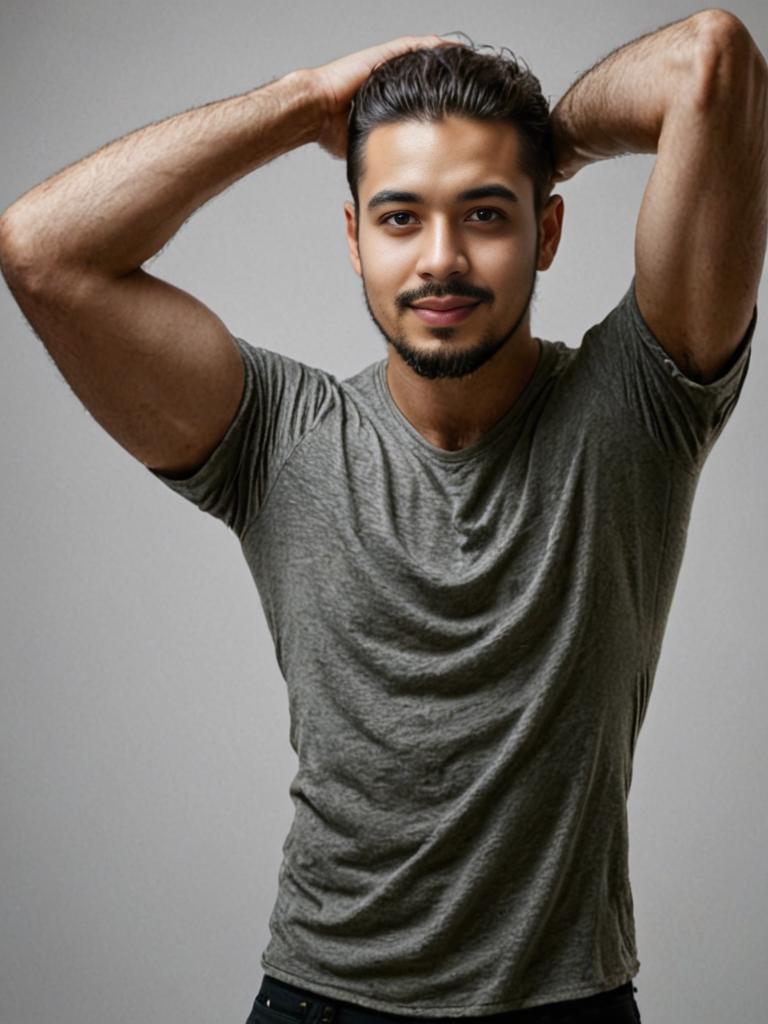 Confident Young Man in Olive Green T-Shirt