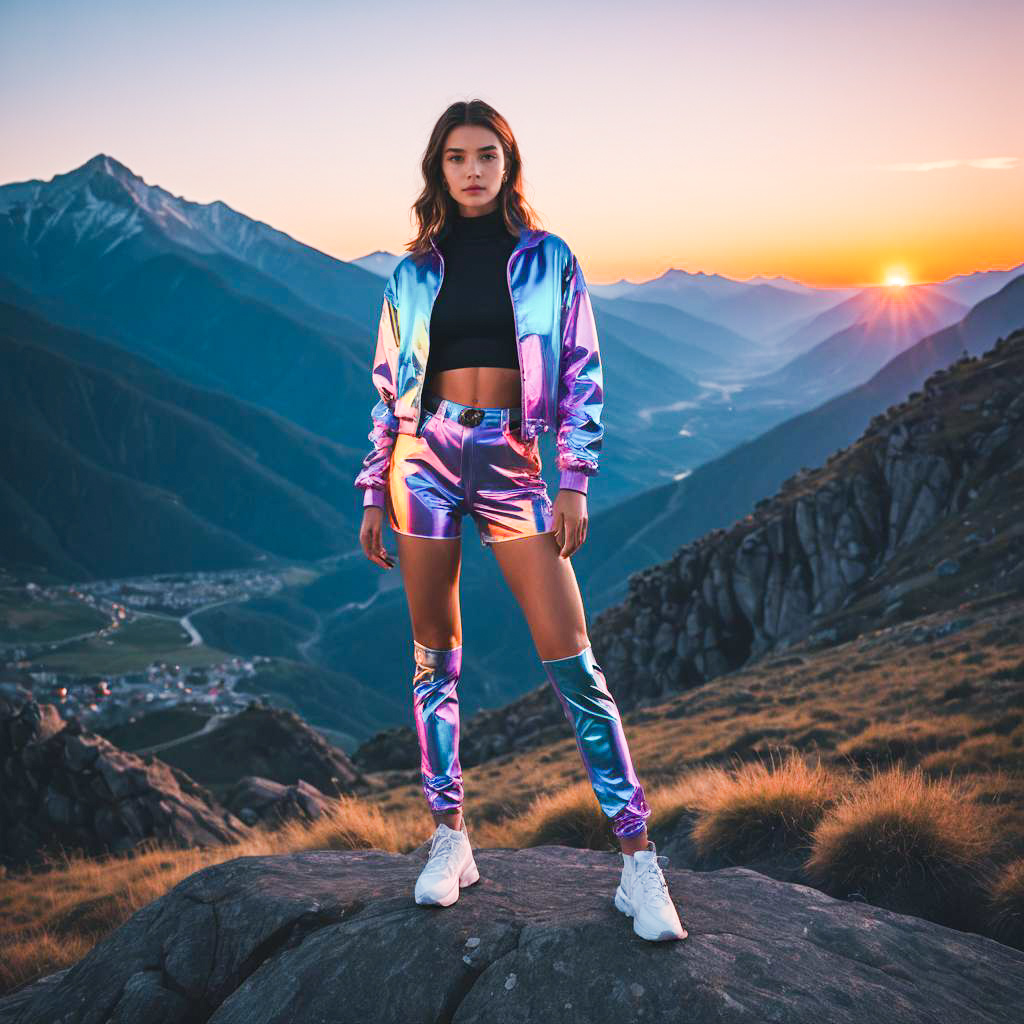 Confident Woman in Holographic Outfit on Rocky Outcrop at Sunset