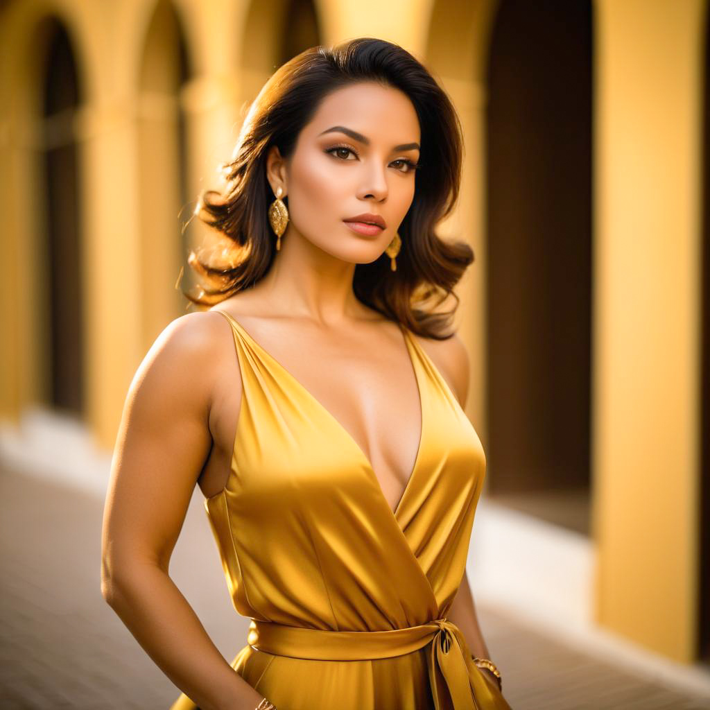 Confident Woman in Elegant Gold Dress