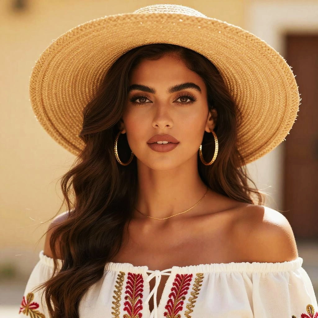 Elegant Woman Wearing Straw Hat and Embroidered Off-Shoulder Blouse