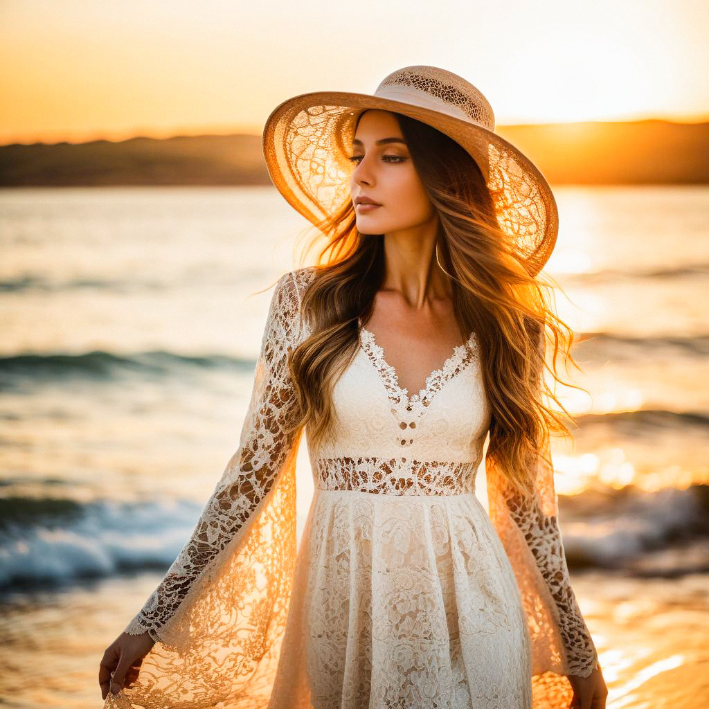 Woman in Lace Dress by the Seaside at Golden Hour