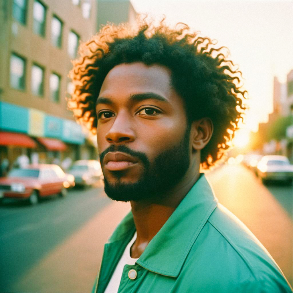 Confident Man with Curly Hair in Urban Sunset