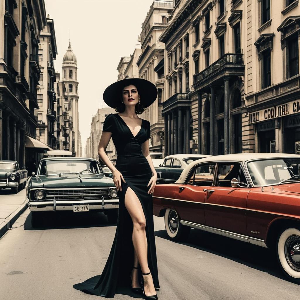 Vintage Style Woman in Black Gown on Classic City Street with Retro Cars