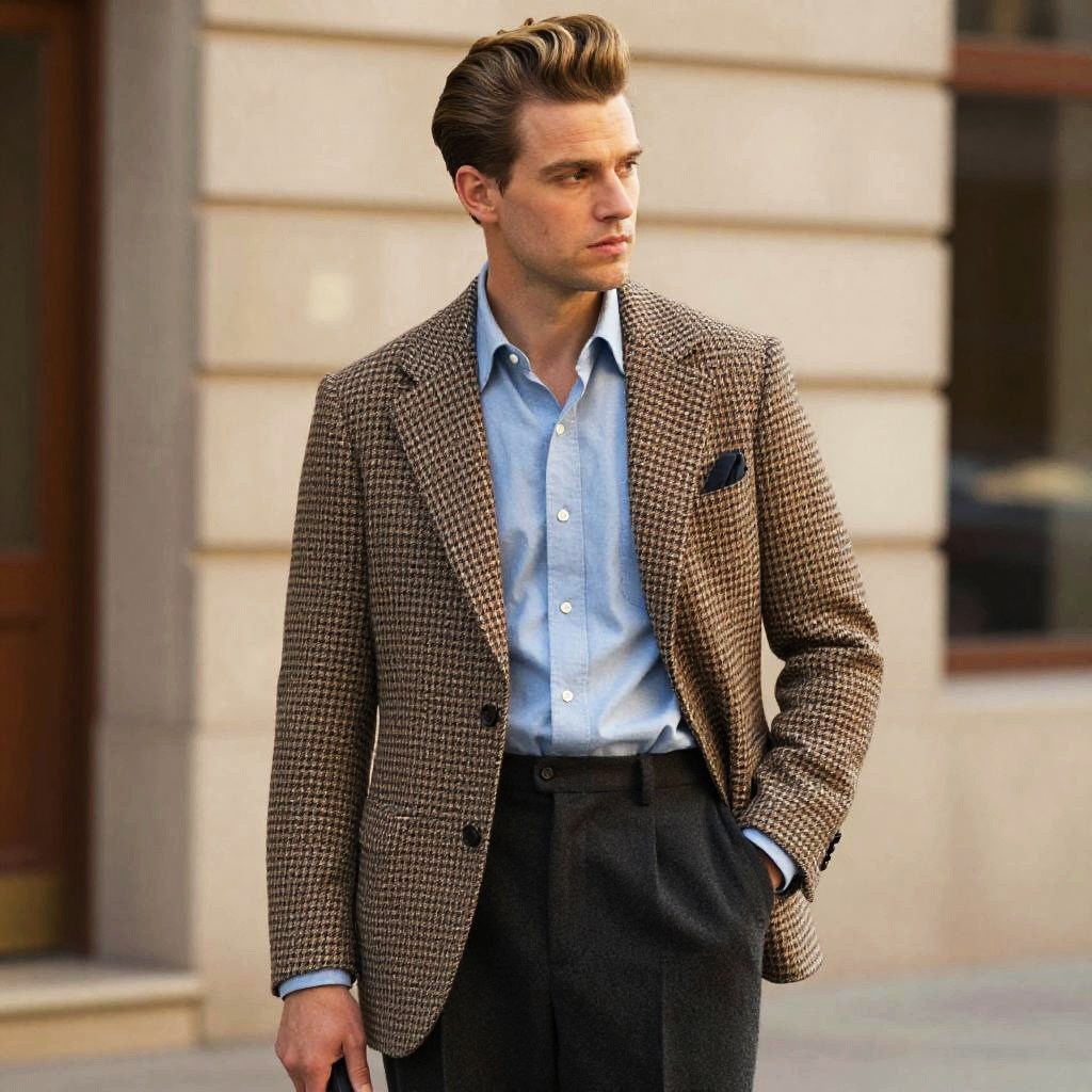 Man in Houndstooth Blazer and Blue Shirt Urban Menswear Style