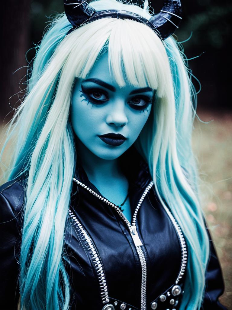 Woman in Monster High Costume with Blue Skin and Black Leather Outfit Cosplay