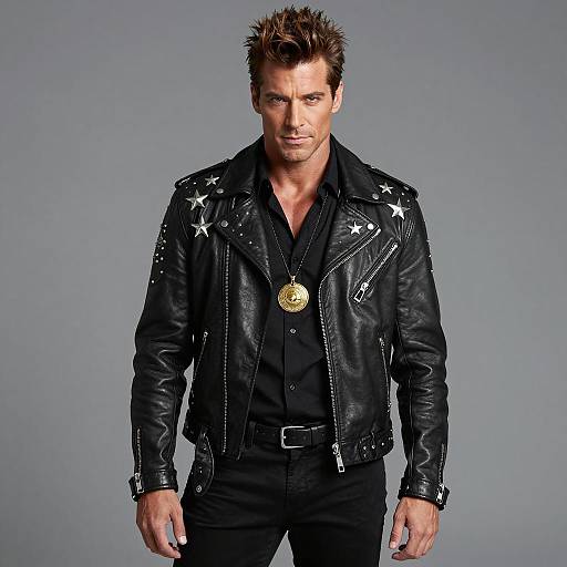 Confident Man in Black Leather Biker Jacket with Star Studs and Gold Pendant