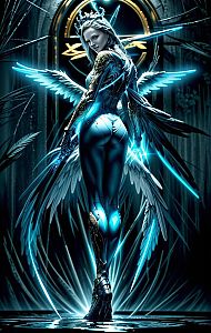 Futuristic Woman with Cybernetic Armor and Glowing Wings