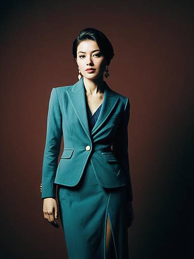 Elegant Woman in Designer Teal Suit Photorealistic Studio Portrait