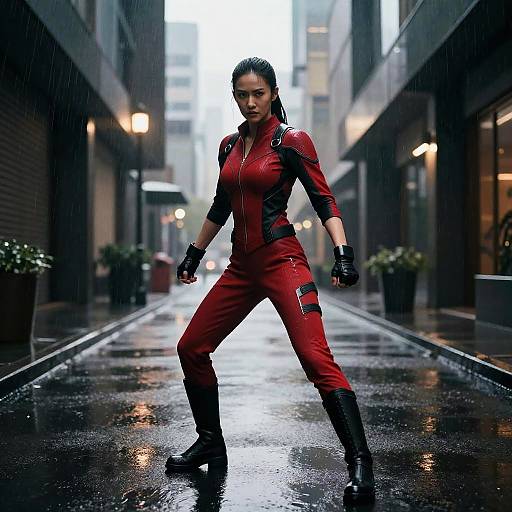 Woman in Red Futuristic Combat Suit Posing in Rainy Urban Alley
