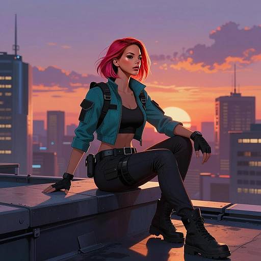 Stylish Pink-Haired Woman Sitting on Rooftop at City Sunset Illustration