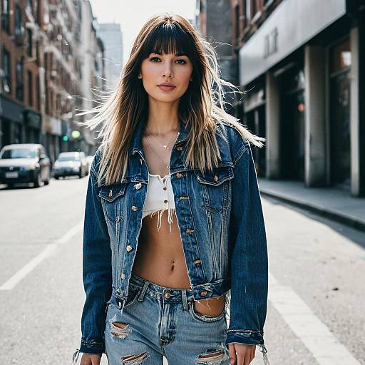 Trendy Woman in Denim Jacket and Ripped Jeans on City Street