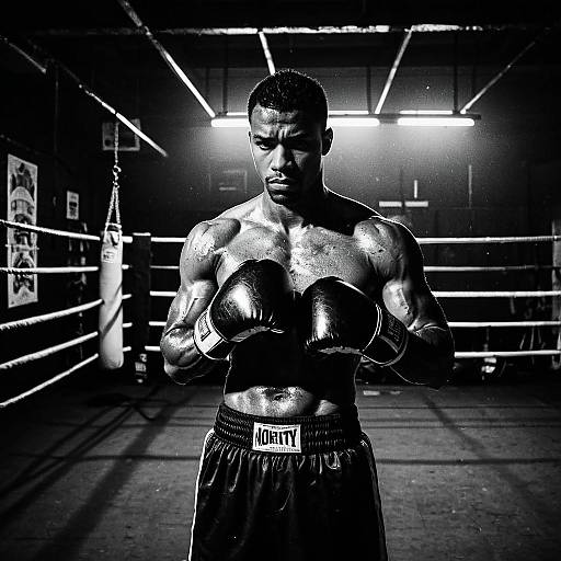 Portrait of Focused Male Boxer in Black and White Boxing Gym