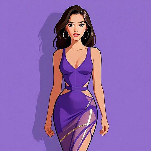 Stylish Woman in Sleeveless Purple Sheer Dress Digital Illustration