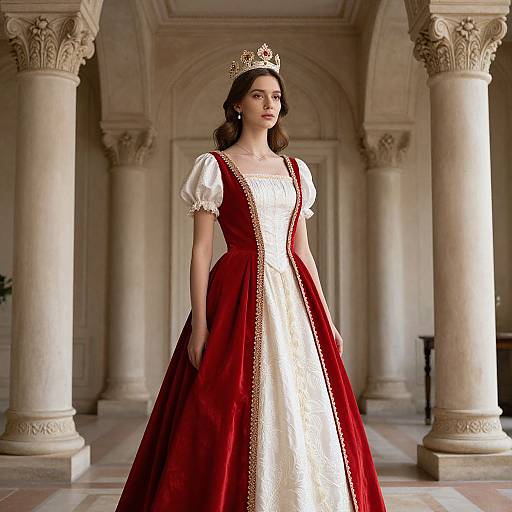 Elegant Medieval-Inspired Woman in Red and White Regal Gown with Jeweled Crown