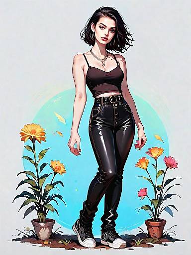 Realistic Comic Style Young Woman in Contemporary Outfit with Potted Flowers