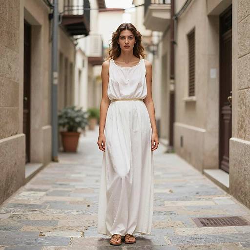 Classical Greek Costume Woman in White Dress Standing in Narrow Alley