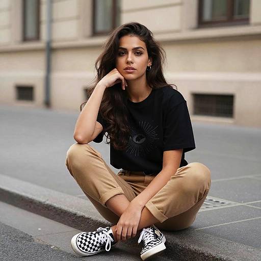 Young Woman in Urban Street Style Sitting on Sidewalk Wearing Checkered Sneakers