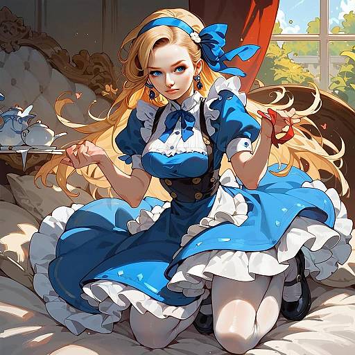 Anime Maid Girl in Blue Dress Sitting on Sofa Illustration
