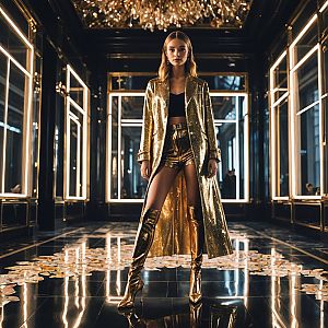 Confident Woman in Gold Outfit in Luxurious Hallway