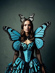 Photorealistic Woman in Blue Butterfly Costume Studio Portrait