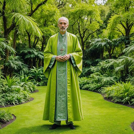 Elderly Man in Green Religious Robe Standing in Lush Garden