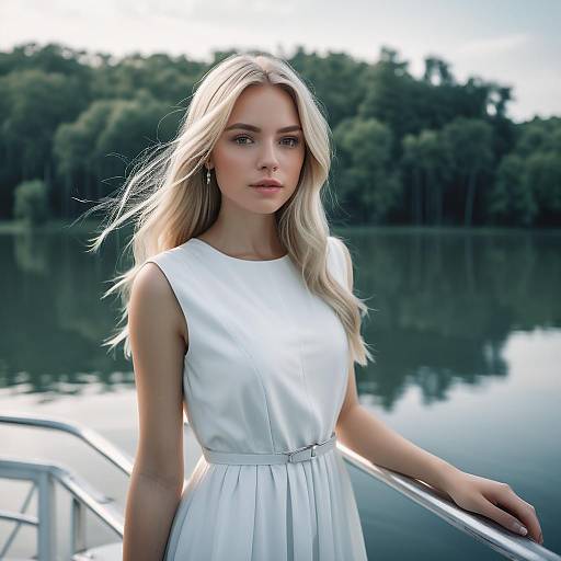 Elegant Blonde Woman in White Dress by Lake on Boat