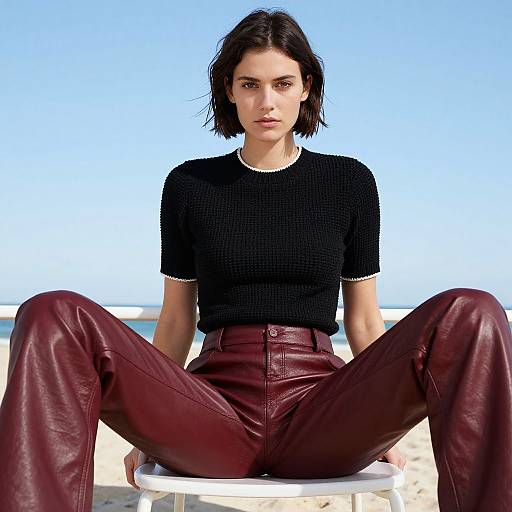 Confident Woman Wearing Burgundy Leather Pants and Black Knit Top at Beach