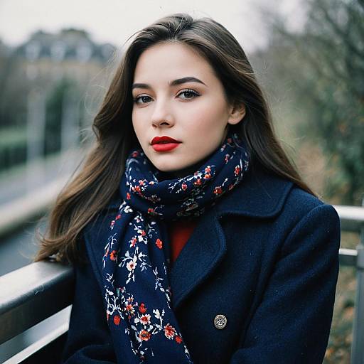 Elegant Woman in Navy Blue Coat with Floral Scarf Outdoor Portrait