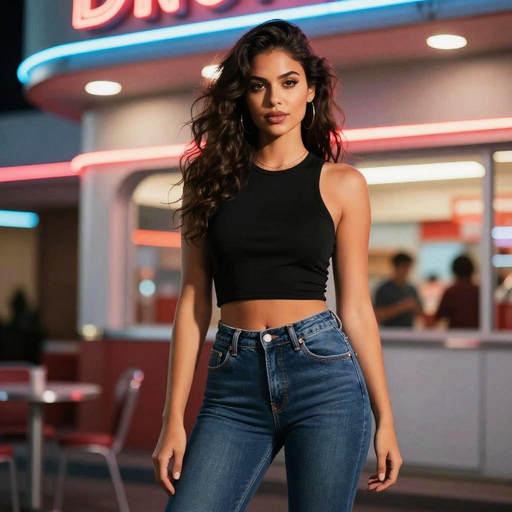Busty Woman in Black Cropped Tank Top and High-Waisted Skinny Jeans at Neon Diner