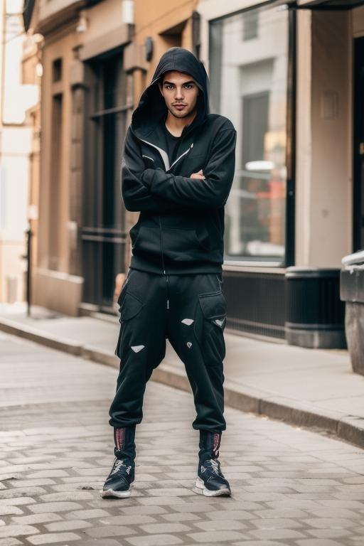 Man in black hoodie and cargo pants with urban background