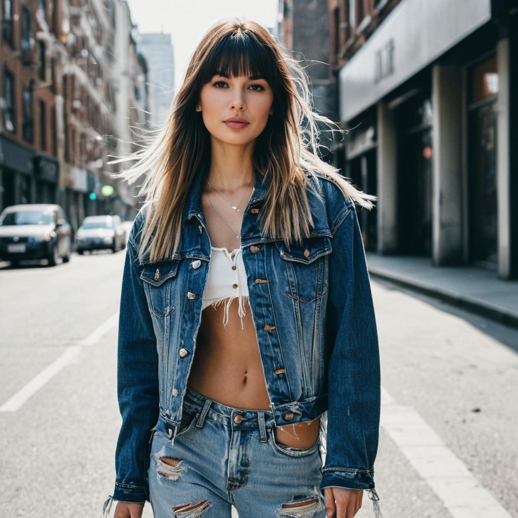 Trendy Woman in Denim Jacket and Ripped Jeans on City Street