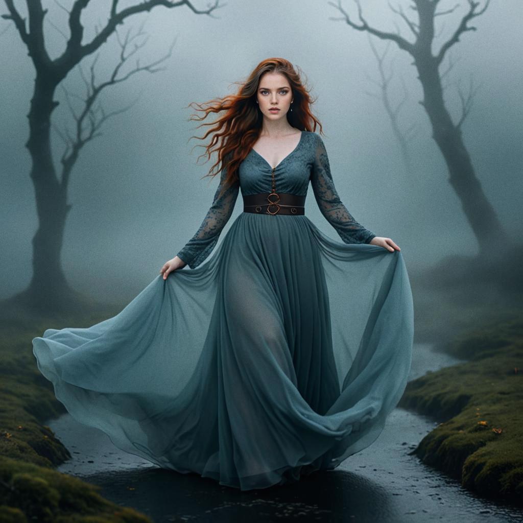 Woman in Teal Gown in Mystical Foggy Landscape