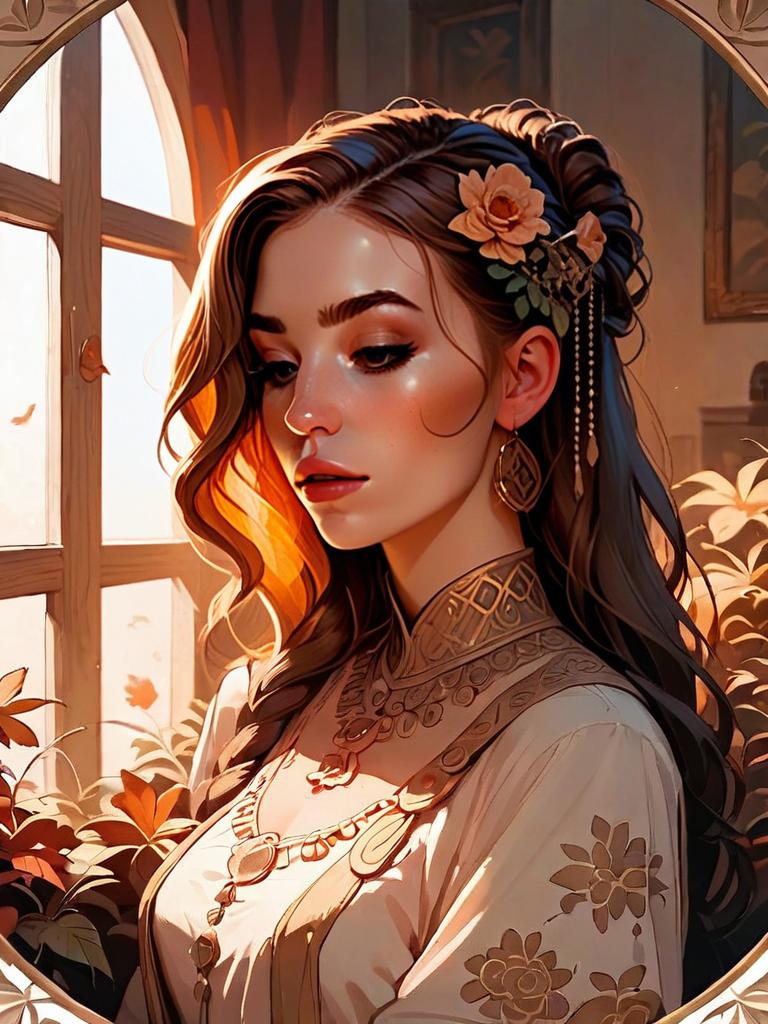 Digital Portrait of Woman with Flower and Jewel Accessories in Warm Light