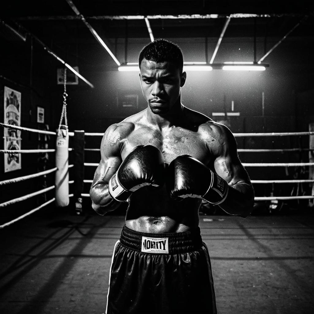 Portrait of Focused Male Boxer in Black and White Boxing Gym