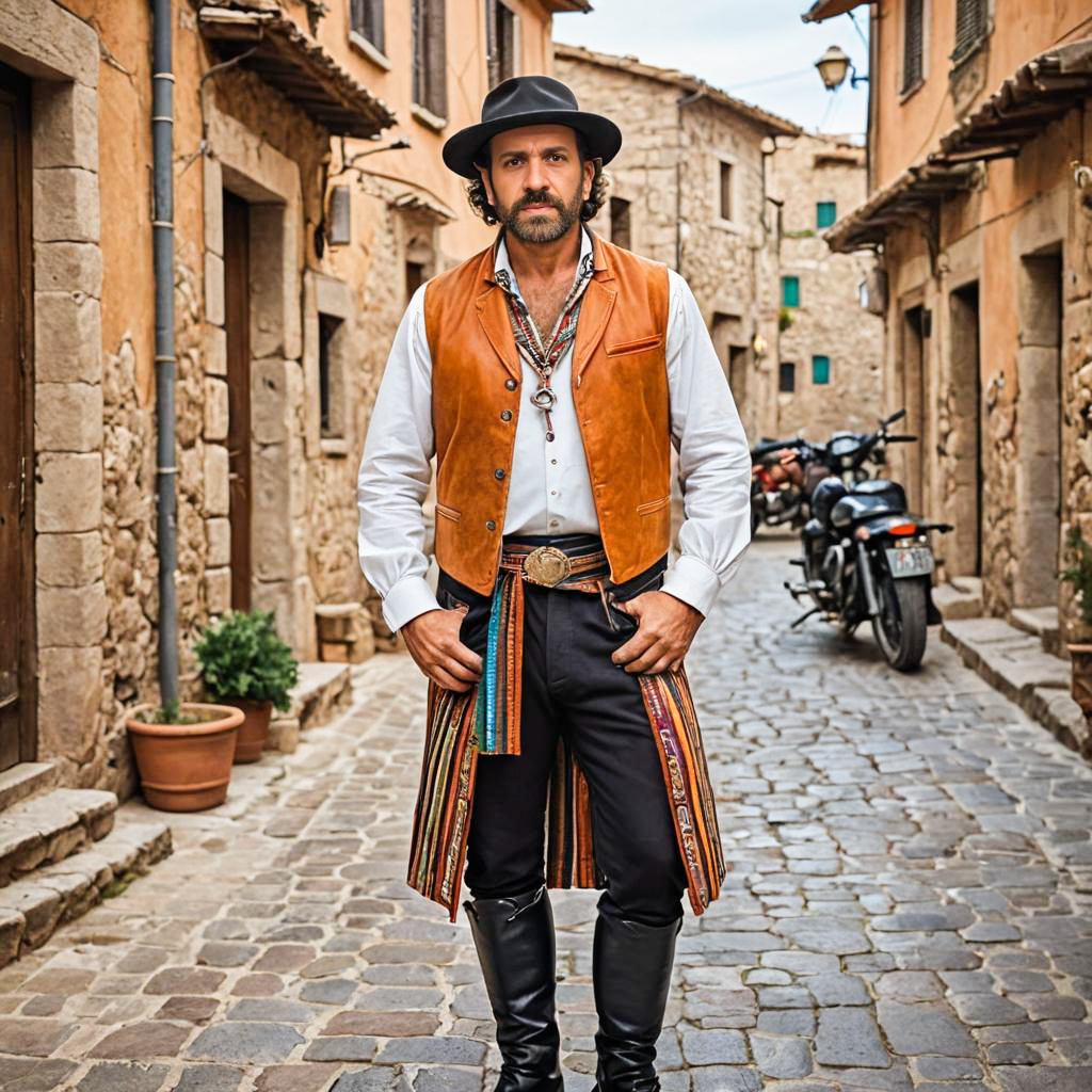 Man in Traditional Attire on Cobblestone Street