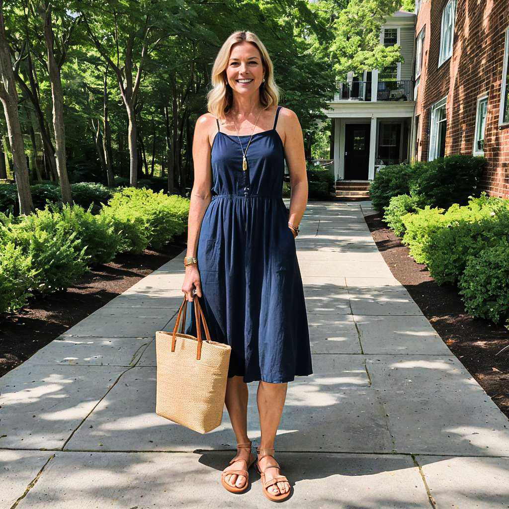 Cheerful Woman in Navy Dress on Sunlit Pathway