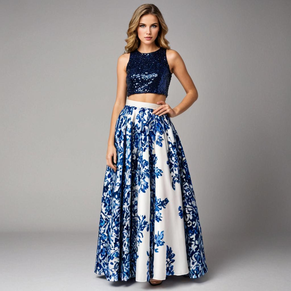 Woman in Navy Blue Crop Top and Floral Skirt